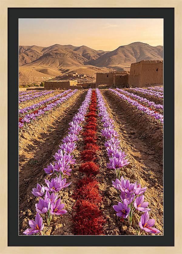 Farm Saffron Fields At Sunset