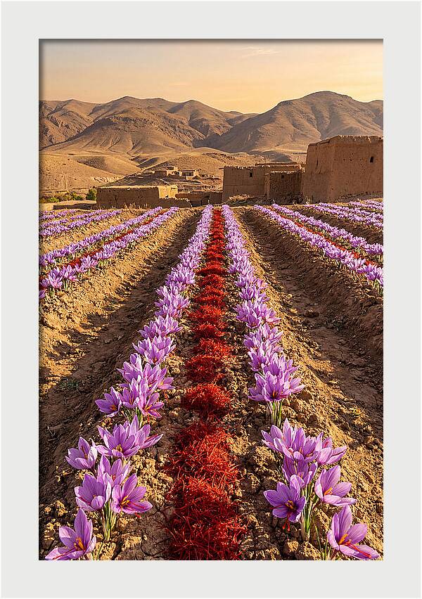 Farm Saffron Fields At Sunset