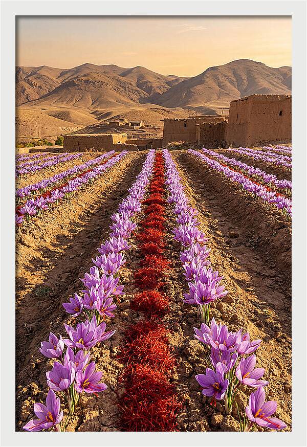 Farm Saffron Fields At Sunset