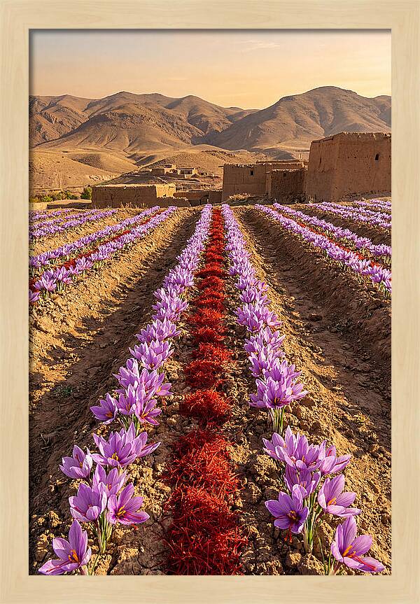 Farm Saffron Fields At Sunset