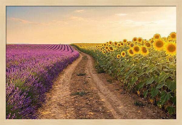 Field Of Lavender And Sunflowers