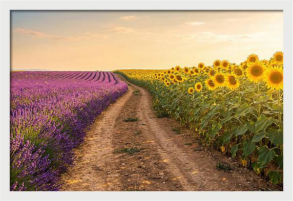 Field Of Lavender And Sunflowers