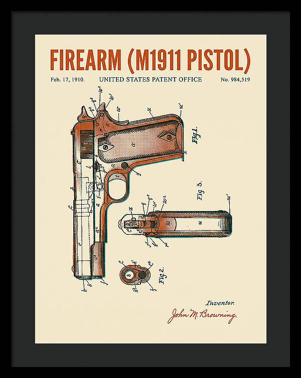 Firearm M1911 Pistol Retro Patent Us984519