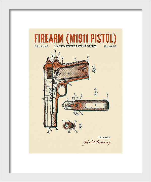 Firearm M1911 Pistol Retro Patent Us984519
