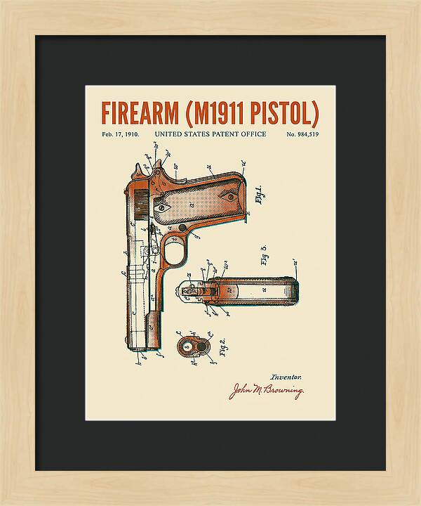 Firearm M1911 Pistol Retro Patent Us984519