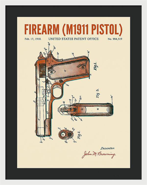 Firearm M1911 Pistol Retro Patent Us984519