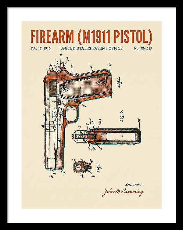Firearm M1911 Pistol Retro Patent Us984519