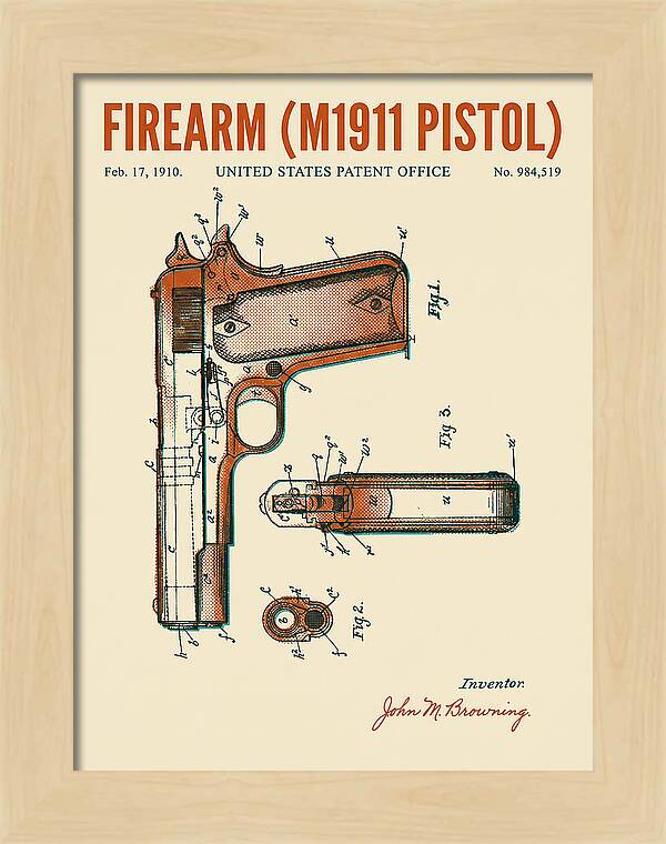 Firearm M1911 Pistol Retro Patent Us984519
