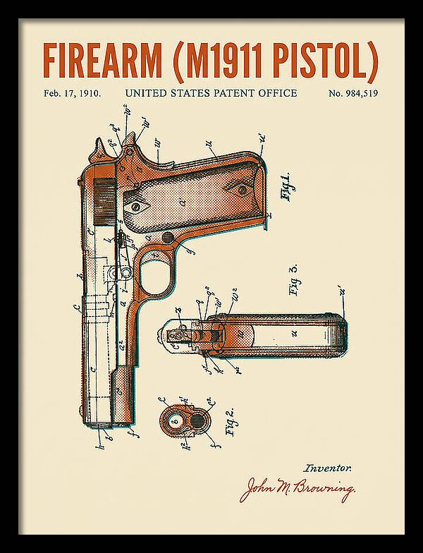 Firearm M1911 Pistol Retro Patent Us984519