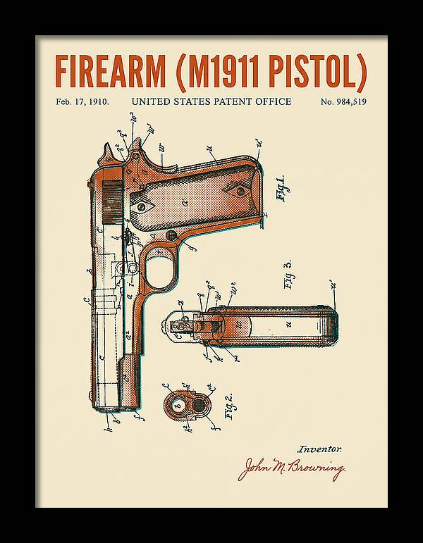 Firearm M1911 Pistol Retro Patent Us984519