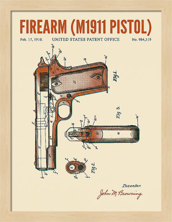 Firearm M1911 Pistol Retro Patent Us984519