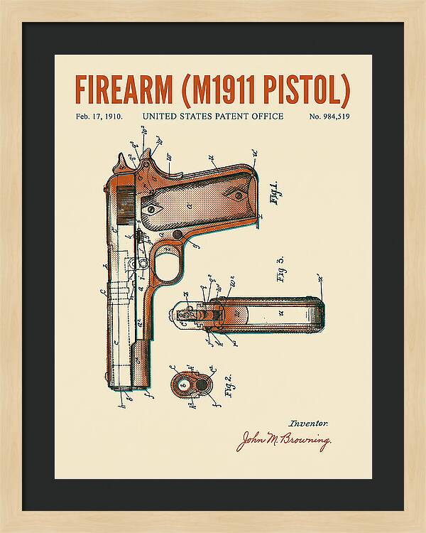Firearm M1911 Pistol Retro Patent Us984519