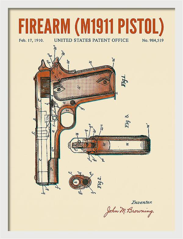 Firearm M1911 Pistol Retro Patent Us984519