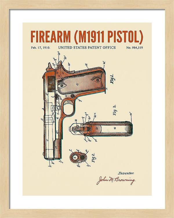 Firearm M1911 Pistol Retro Patent Us984519