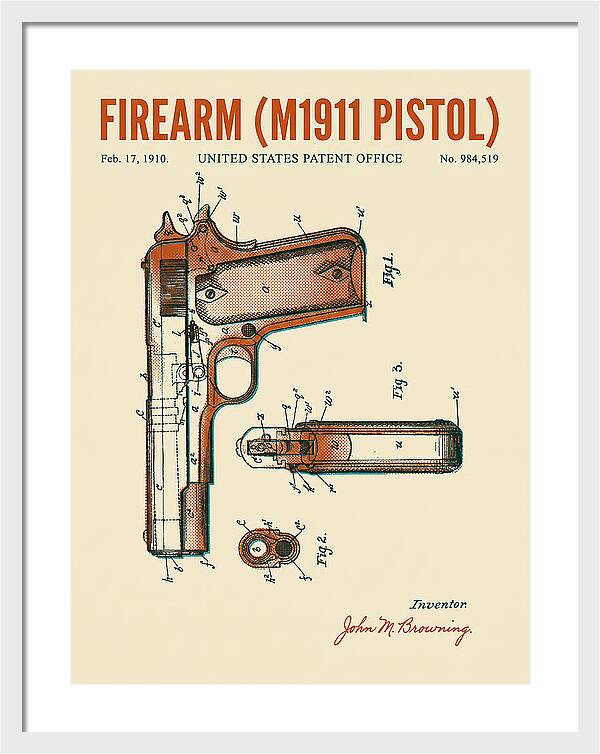 Firearm M1911 Pistol Retro Patent Us984519
