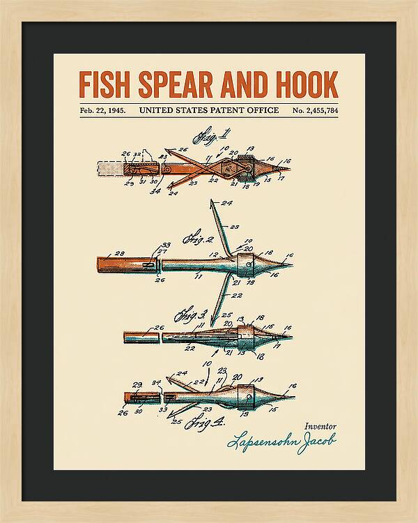 Fish Spear And Hook Retro Patent Us2455784a
