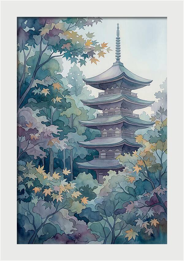 Five Story Pagoda Among Autumn Maple Trees