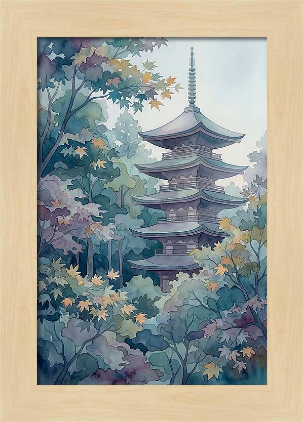 Five Story Pagoda Among Autumn Maple Trees
