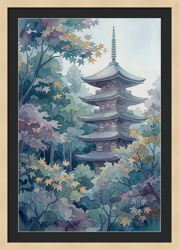 Five Story Pagoda Among Autumn Maple Trees