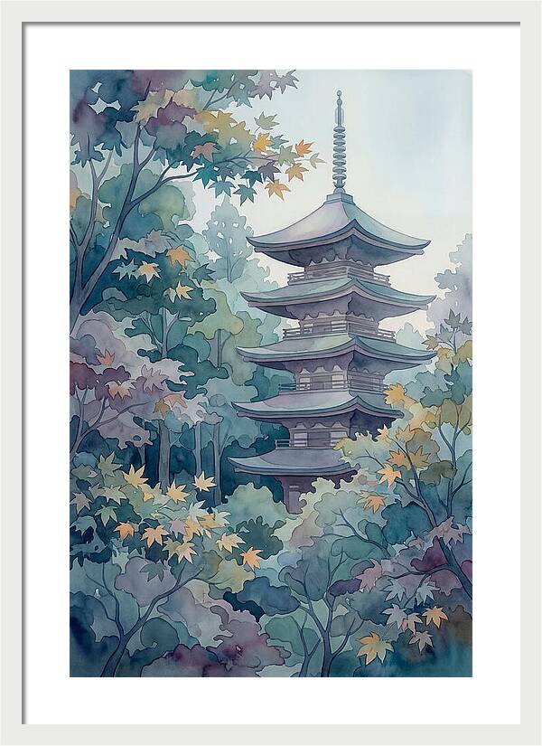 Five Story Pagoda Among Autumn Maple Trees