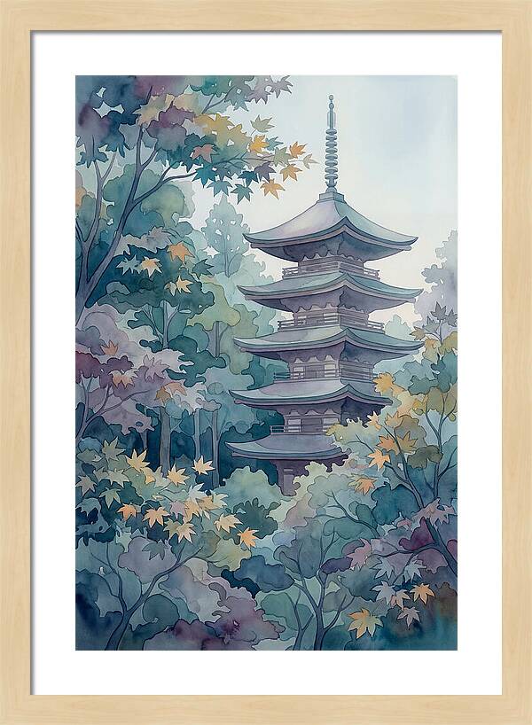 Five Story Pagoda Among Autumn Maple Trees