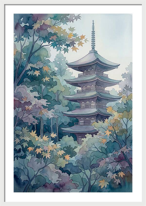 Five Story Pagoda Among Autumn Maple Trees
