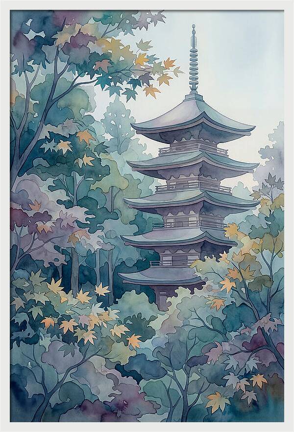 Five Story Pagoda Among Autumn Maple Trees