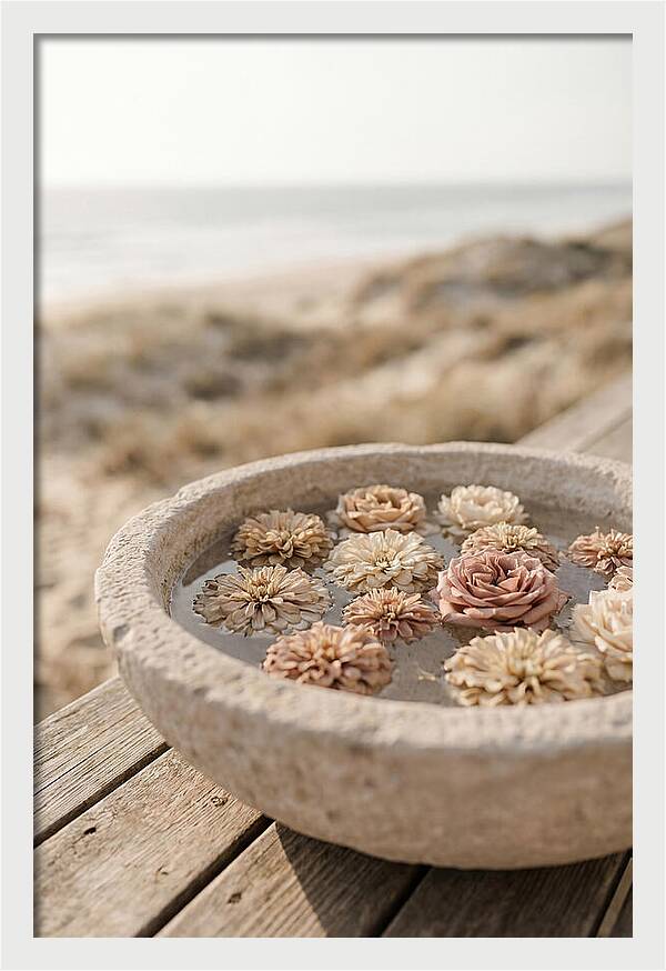 Floating Flower Heads In Shallow Stone Bowl