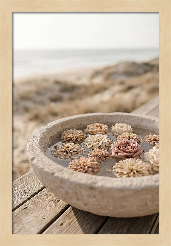 Floating Flower Heads In Shallow Stone Bowl