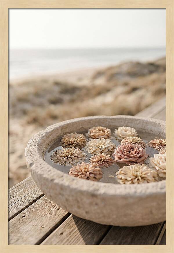 Floating Flower Heads In Shallow Stone Bowl