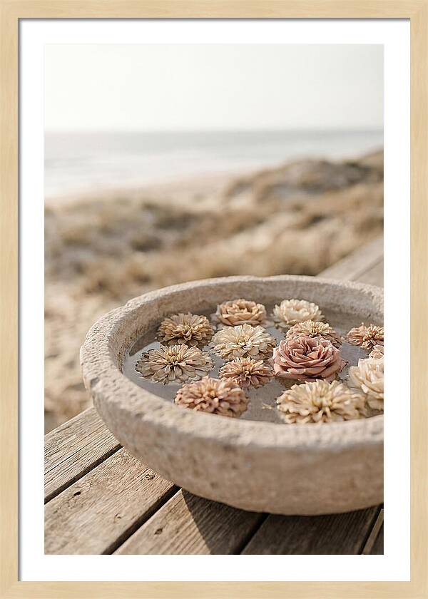 Floating Flower Heads In Shallow Stone Bowl