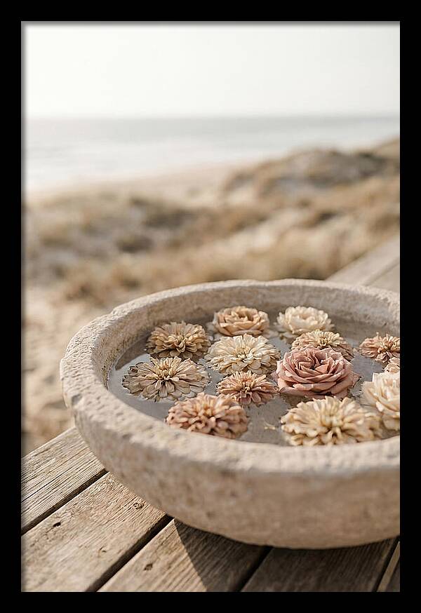 Floating Flower Heads In Shallow Stone Bowl