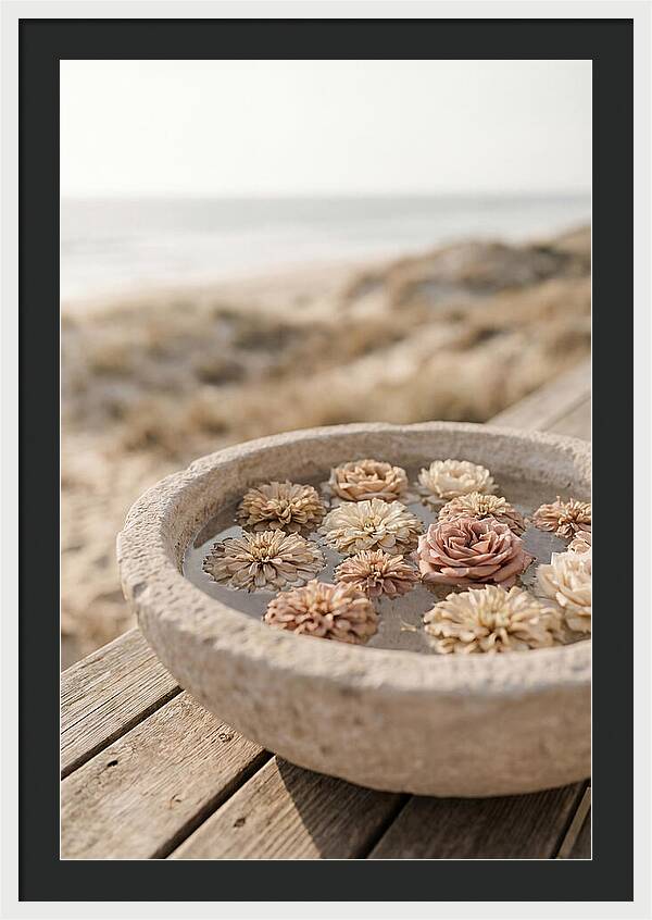 Floating Flower Heads In Shallow Stone Bowl