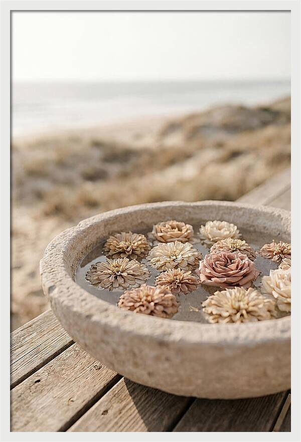 Floating Flower Heads In Shallow Stone Bowl