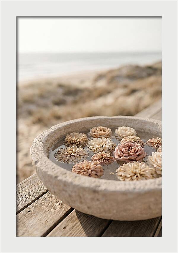 Floating Flower Heads In Shallow Stone Bowl