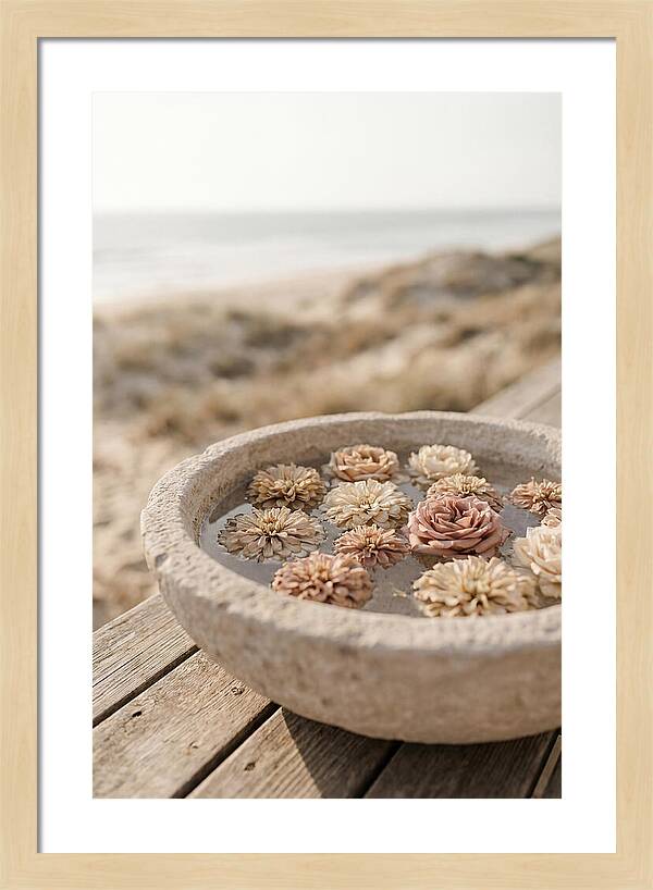 Floating Flower Heads In Shallow Stone Bowl