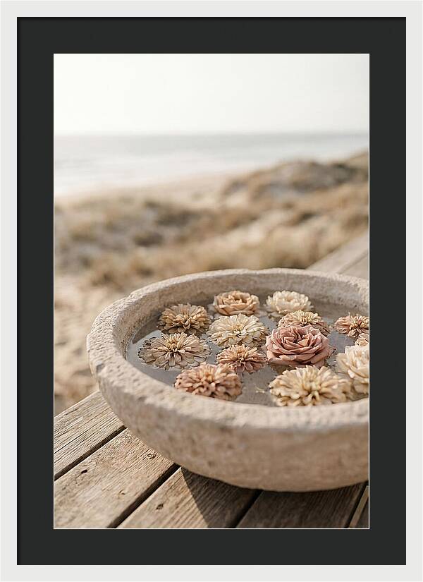 Floating Flower Heads In Shallow Stone Bowl