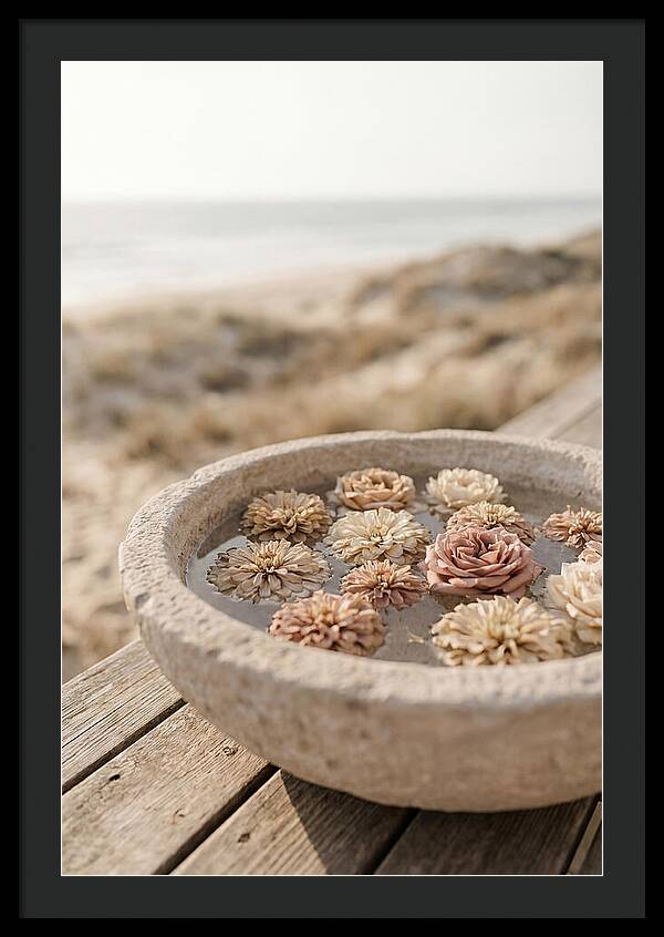 Floating Flower Heads In Shallow Stone Bowl