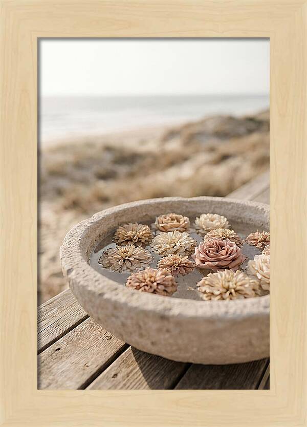 Floating Flower Heads In Shallow Stone Bowl