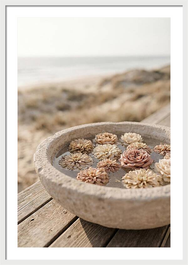 Floating Flower Heads In Shallow Stone Bowl