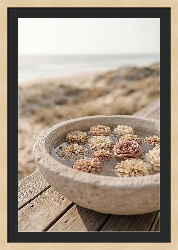 Floating Flower Heads In Shallow Stone Bowl