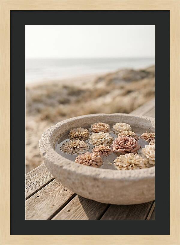 Floating Flower Heads In Shallow Stone Bowl