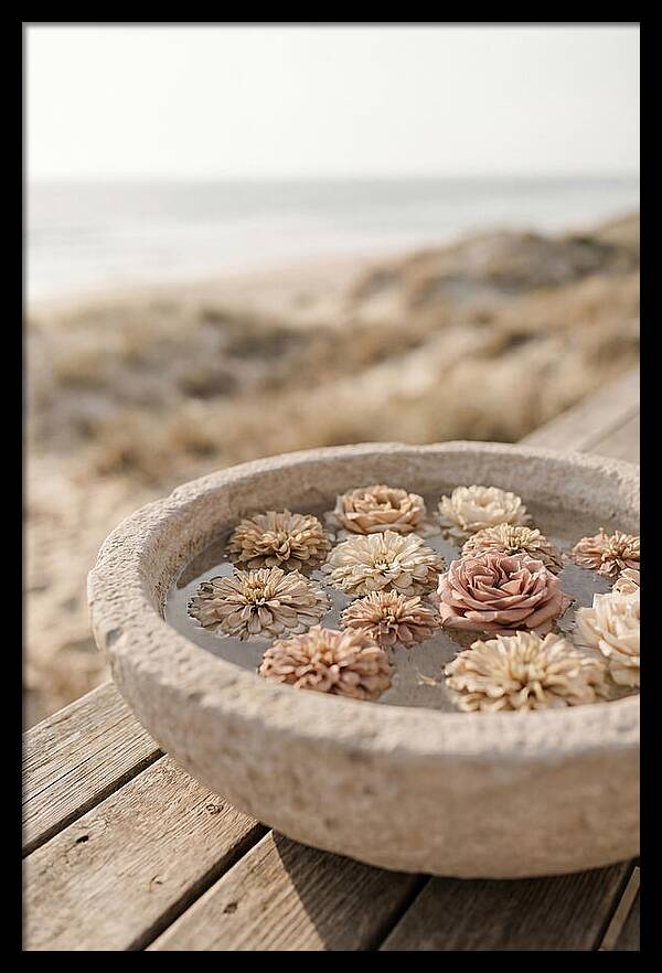 Floating Flower Heads In Shallow Stone Bowl