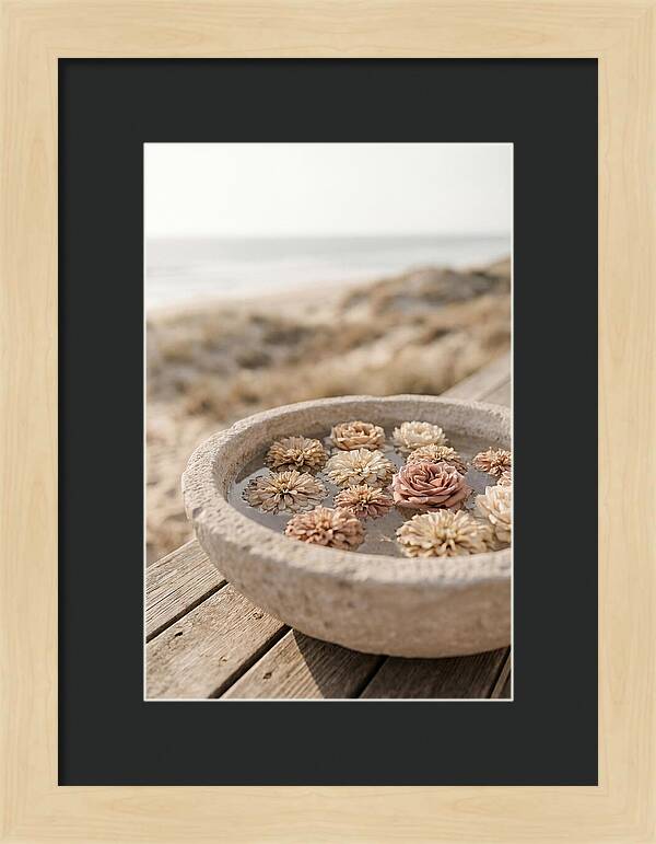 Floating Flower Heads In Shallow Stone Bowl