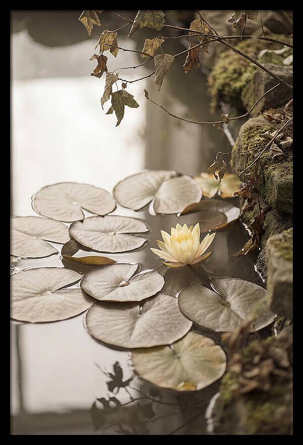 Floating Lily Pads With Single Yellow Bloom