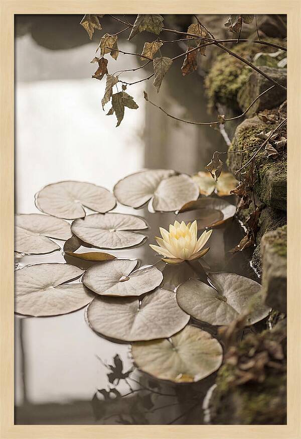 Floating Lily Pads With Single Yellow Bloom