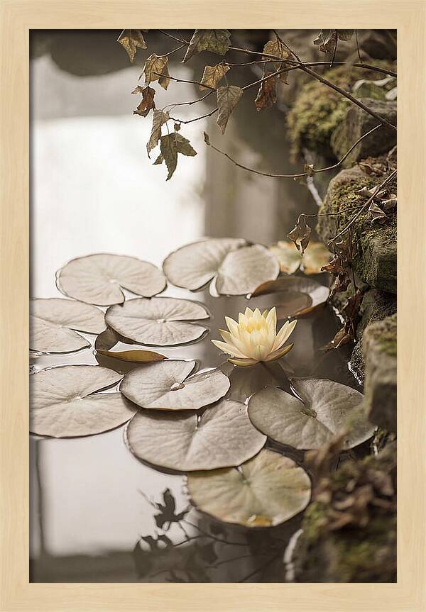 Floating Lily Pads With Single Yellow Bloom