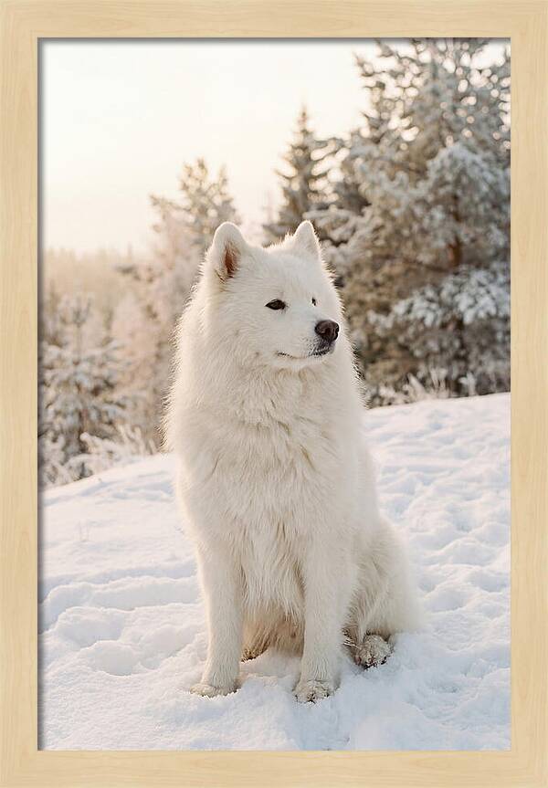Fluffy Samoyed In Snowy Landscape