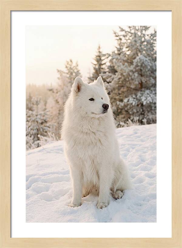 Fluffy Samoyed In Snowy Landscape