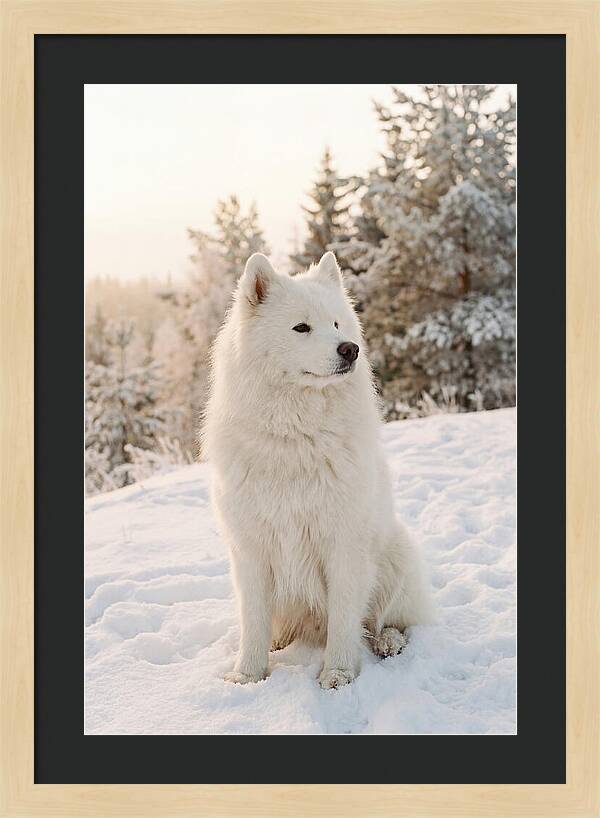 Fluffy Samoyed In Snowy Landscape